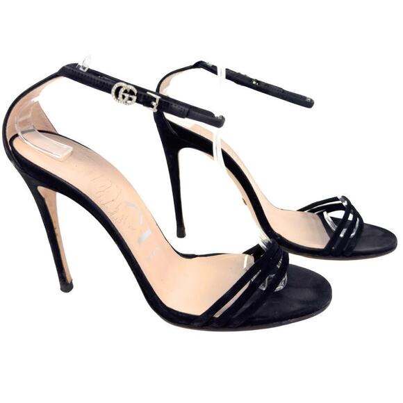 Gucci GG Logo Marmont Black Suede Heels Sandals Isle Crystal Ankle Strap EU 37.5 - Picture 11 of 11